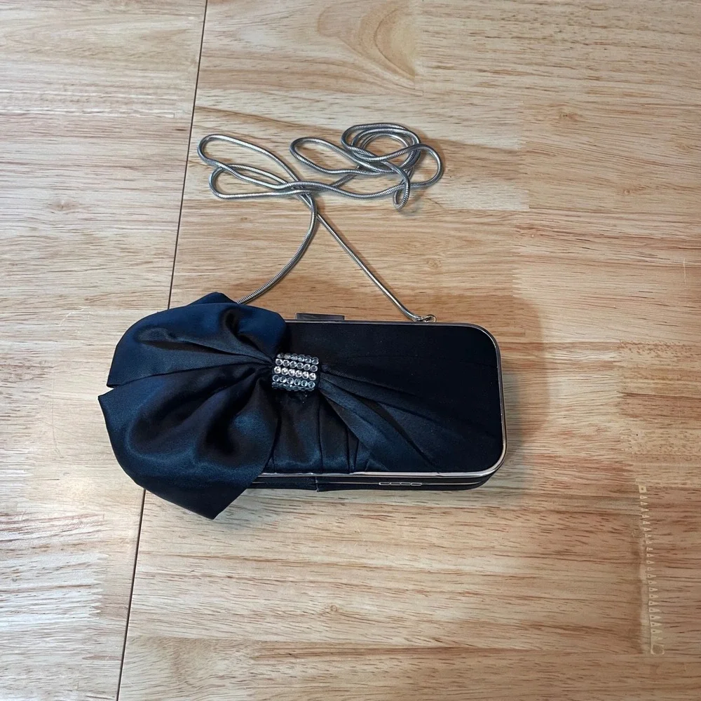 Glint Black‎ Satin Bow Evening Clutch Rhinestone Silver Chain Strap Formal Bag